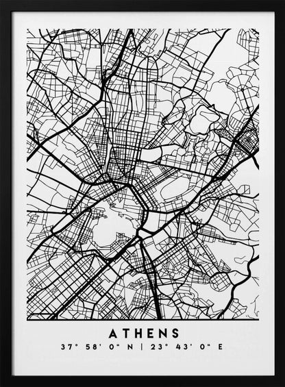 A minimalist black and white poster of a street map of Athens, Greece, enclosed in a simple black frame. The map consists of intricate black lines on a white background, showing the city's road network. At the bottom, centered, is the text 'ATHENS' in a bold, uppercase font, with its geographical coordinates '37° 58' 0" N | 23° 43' 0" E' listed below. Poster