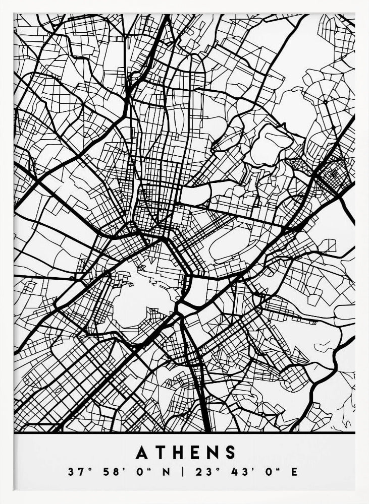 A minimalist black and white poster of a street map of Athens, Greece, enclosed in a simple black frame. The map consists of intricate black lines on a white background, showing the city's road network. At the bottom, centered, is the text 'ATHENS' in a bold, uppercase font, with its geographical coordinates '37° 58' 0" N | 23° 43' 0" E' listed below. Poster