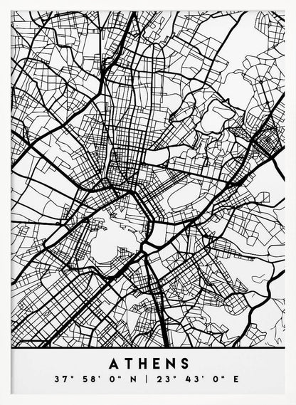 A minimalist black and white poster of a street map of Athens, Greece, enclosed in a simple black frame. The map consists of intricate black lines on a white background, showing the city's road network. At the bottom, centered, is the text 'ATHENS' in a bold, uppercase font, with its geographical coordinates '37° 58' 0" N | 23° 43' 0" E' listed below. Poster