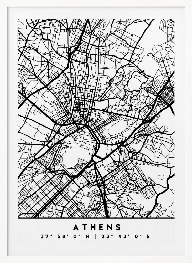 A minimalist black and white poster of a street map of Athens, Greece, enclosed in a simple black frame. The map consists of intricate black lines on a white background, showing the city's road network. At the bottom, centered, is the text 'ATHENS' in a bold, uppercase font, with its geographical coordinates '37° 58' 0" N | 23° 43' 0" E' listed below. Poster
