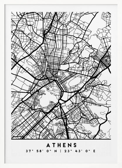 A minimalist black and white poster of a street map of Athens, Greece, enclosed in a simple black frame. The map consists of intricate black lines on a white background, showing the city's road network. At the bottom, centered, is the text 'ATHENS' in a bold, uppercase font, with its geographical coordinates '37° 58' 0" N | 23° 43' 0" E' listed below. Poster