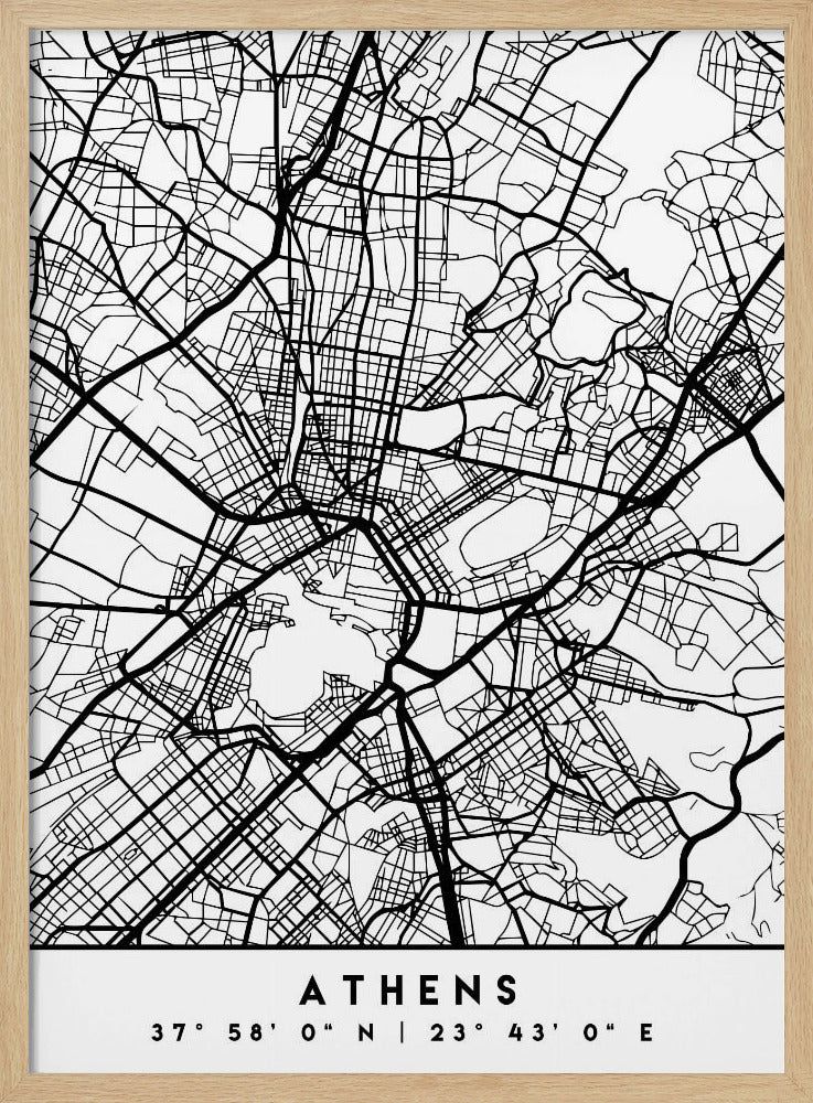 A minimalist black and white poster of a street map of Athens, Greece, enclosed in a simple black frame. The map consists of intricate black lines on a white background, showing the city's road network. At the bottom, centered, is the text 'ATHENS' in a bold, uppercase font, with its geographical coordinates '37° 58' 0" N | 23° 43' 0" E' listed below. Poster