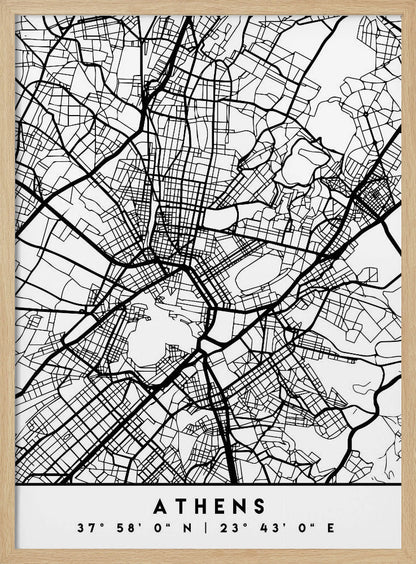 A minimalist black and white poster of a street map of Athens, Greece, enclosed in a simple black frame. The map consists of intricate black lines on a white background, showing the city's road network. At the bottom, centered, is the text 'ATHENS' in a bold, uppercase font, with its geographical coordinates '37° 58' 0" N | 23° 43' 0" E' listed below. Poster