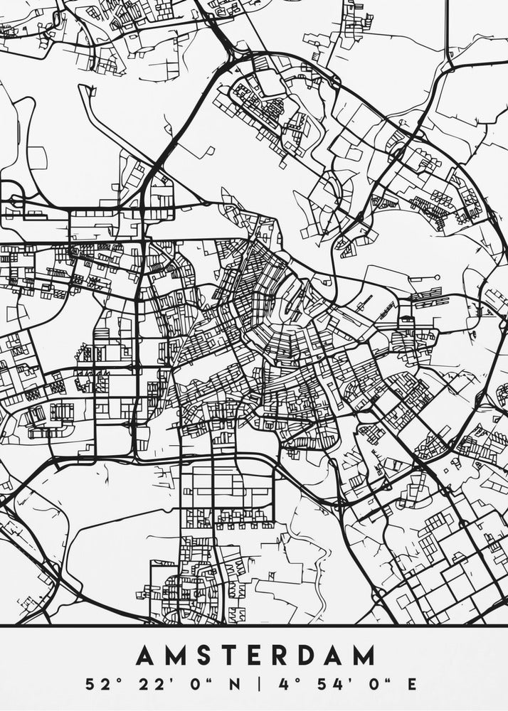 A minimalist black and white line art map of Amsterdam, Netherlands, in a black frame. The map details the intricate network of streets and canals. Below the map, the city's name 'AMSTERDAM' is printed in a bold, sans-serif font, with its geographical coordinates '52° 22' 0" N | 4° 54' 0" E' underneath. Poster