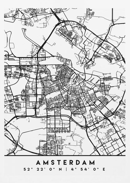 A minimalist black and white line art map of Amsterdam, Netherlands, in a black frame. The map details the intricate network of streets and canals. Below the map, the city's name 'AMSTERDAM' is printed in a bold, sans-serif font, with its geographical coordinates '52° 22' 0" N | 4° 54' 0" E' underneath. Poster