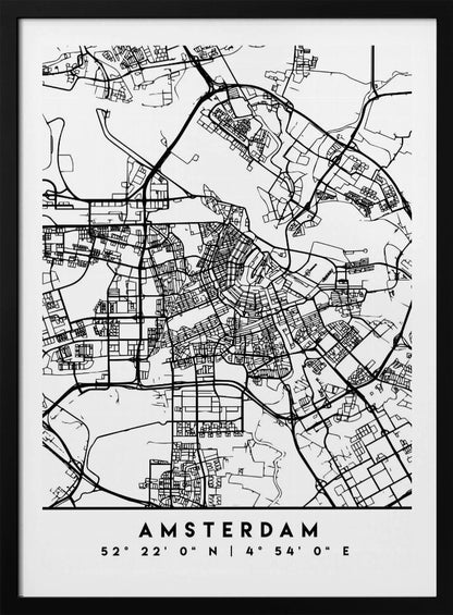 A minimalist black and white line art map of Amsterdam, Netherlands, in a black frame. The map details the intricate network of streets and canals. Below the map, the city's name 'AMSTERDAM' is printed in a bold, sans-serif font, with its geographical coordinates '52° 22' 0" N | 4° 54' 0" E' underneath. Poster