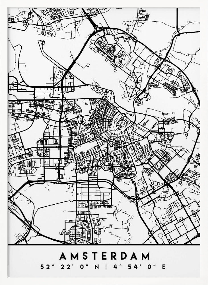A minimalist black and white line art map of Amsterdam, Netherlands, in a black frame. The map details the intricate network of streets and canals. Below the map, the city's name 'AMSTERDAM' is printed in a bold, sans-serif font, with its geographical coordinates '52° 22' 0" N | 4° 54' 0" E' underneath. Poster