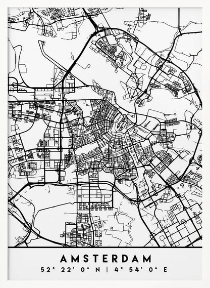 A minimalist black and white line art map of Amsterdam, Netherlands, in a black frame. The map details the intricate network of streets and canals. Below the map, the city's name 'AMSTERDAM' is printed in a bold, sans-serif font, with its geographical coordinates '52° 22' 0" N | 4° 54' 0" E' underneath. Poster