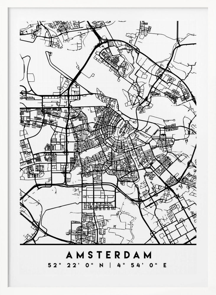 A minimalist black and white line art map of Amsterdam, Netherlands, in a black frame. The map details the intricate network of streets and canals. Below the map, the city's name 'AMSTERDAM' is printed in a bold, sans-serif font, with its geographical coordinates '52° 22' 0" N | 4° 54' 0" E' underneath. Poster