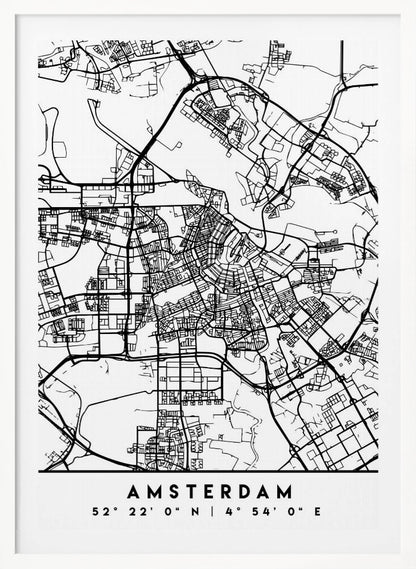 A minimalist black and white line art map of Amsterdam, Netherlands, in a black frame. The map details the intricate network of streets and canals. Below the map, the city's name 'AMSTERDAM' is printed in a bold, sans-serif font, with its geographical coordinates '52° 22' 0" N | 4° 54' 0" E' underneath. Poster