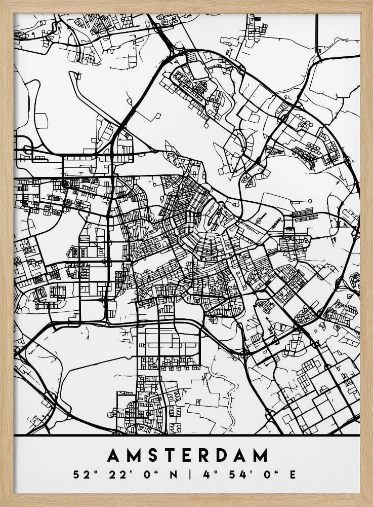 A minimalist black and white line art map of Amsterdam, Netherlands, in a black frame. The map details the intricate network of streets and canals. Below the map, the city's name 'AMSTERDAM' is printed in a bold, sans-serif font, with its geographical coordinates '52° 22' 0" N | 4° 54' 0" E' underneath. Poster