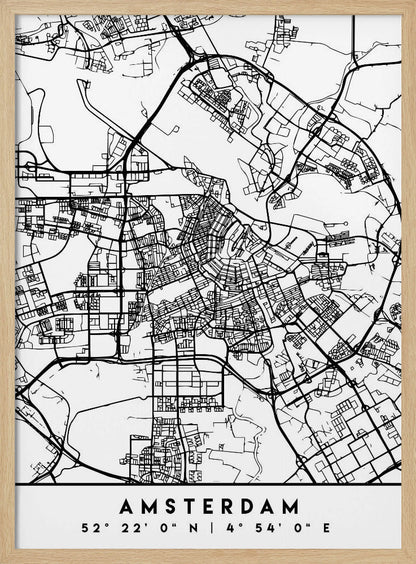 A minimalist black and white line art map of Amsterdam, Netherlands, in a black frame. The map details the intricate network of streets and canals. Below the map, the city's name 'AMSTERDAM' is printed in a bold, sans-serif font, with its geographical coordinates '52° 22' 0" N | 4° 54' 0" E' underneath. Poster