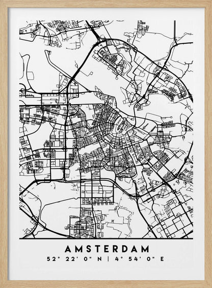 A minimalist black and white line art map of Amsterdam, Netherlands, in a black frame. The map details the intricate network of streets and canals. Below the map, the city's name 'AMSTERDAM' is printed in a bold, sans-serif font, with its geographical coordinates '52° 22' 0" N | 4° 54' 0" E' underneath. Poster