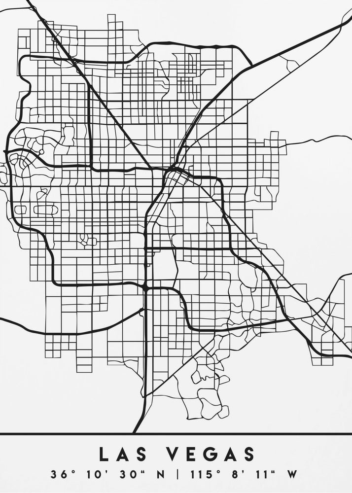 A minimalist black and white framed map of Las Vegas, showcasing the city's street grid and major highways. Below the map, the city's name and geographical coordinates are printed in a clean, modern font. Poster