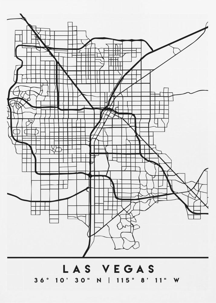 A minimalist black and white framed map of Las Vegas, showcasing the city's street grid and major highways. Below the map, the city's name and geographical coordinates are printed in a clean, modern font. Poster
