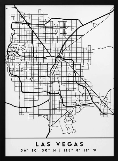 A minimalist black and white framed map of Las Vegas, showcasing the city's street grid and major highways. Below the map, the city's name and geographical coordinates are printed in a clean, modern font. Poster