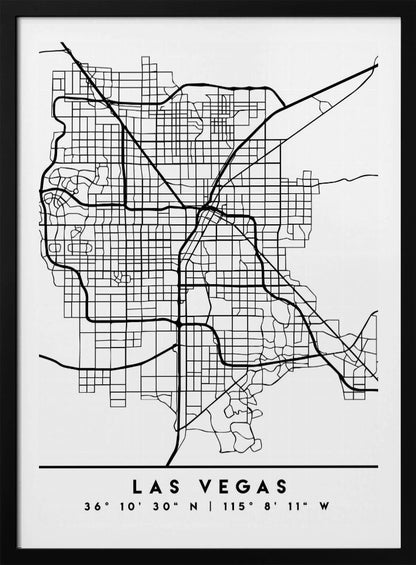 A minimalist black and white framed map of Las Vegas, showcasing the city's street grid and major highways. Below the map, the city's name and geographical coordinates are printed in a clean, modern font. Poster