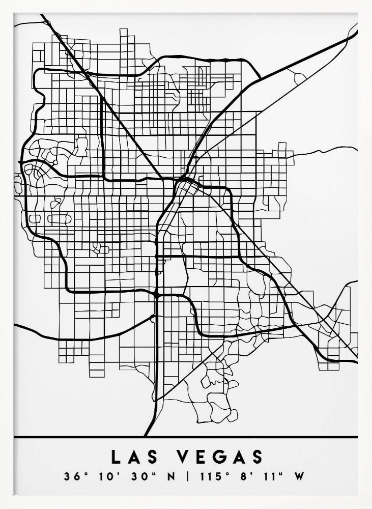 A minimalist black and white framed map of Las Vegas, showcasing the city's street grid and major highways. Below the map, the city's name and geographical coordinates are printed in a clean, modern font. Poster