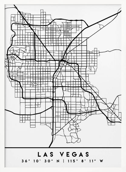 A minimalist black and white framed map of Las Vegas, showcasing the city's street grid and major highways. Below the map, the city's name and geographical coordinates are printed in a clean, modern font. Poster