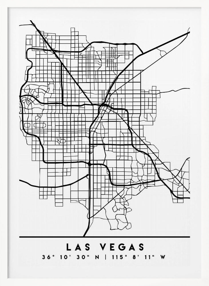 A minimalist black and white framed map of Las Vegas, showcasing the city's street grid and major highways. Below the map, the city's name and geographical coordinates are printed in a clean, modern font. Poster