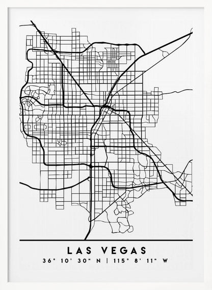 A minimalist black and white framed map of Las Vegas, showcasing the city's street grid and major highways. Below the map, the city's name and geographical coordinates are printed in a clean, modern font. Poster