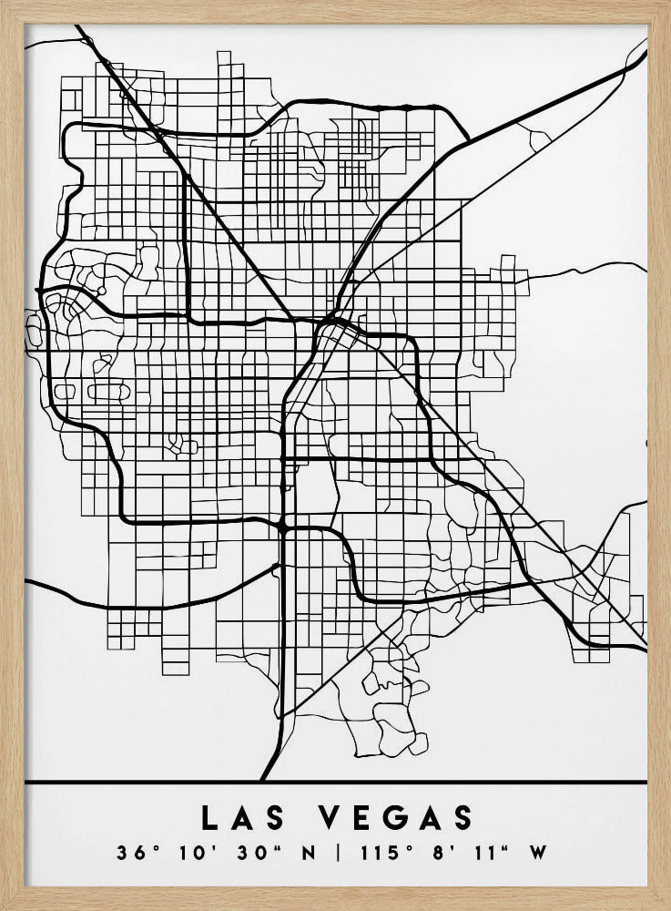 A minimalist black and white framed map of Las Vegas, showcasing the city's street grid and major highways. Below the map, the city's name and geographical coordinates are printed in a clean, modern font. Poster