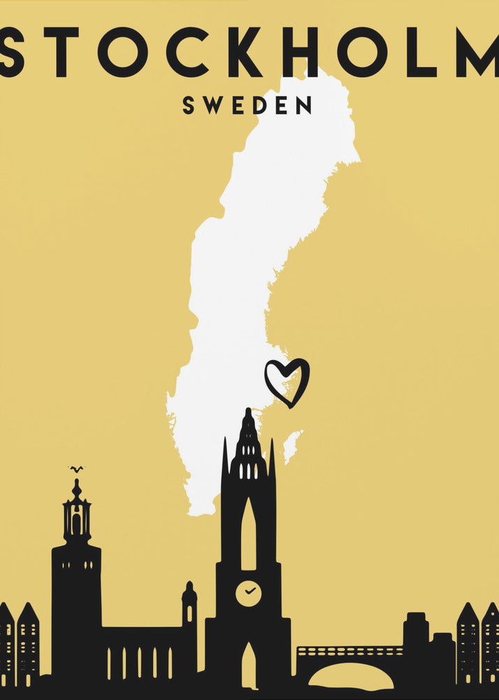 A minimalist travel poster for Stockholm, Sweden. It features a mustard yellow background with a black silhouette of the city's skyline at the bottom. A white outline of the map of Sweden is in the center, with a small black heart indicating Stockholm's location. The text 'STOCKHOLM SWEDEN' is at the top in black lettering. Decor