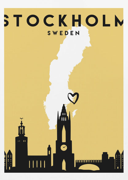 A minimalist travel poster for Stockholm, Sweden. It features a mustard yellow background with a black silhouette of the city's skyline at the bottom. A white outline of the map of Sweden is in the center, with a small black heart indicating Stockholm's location. The text 'STOCKHOLM SWEDEN' is at the top in black lettering. Decor