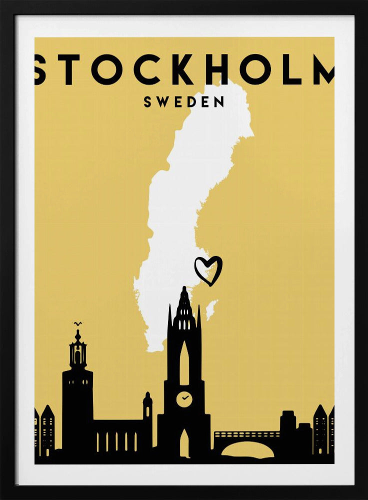 A minimalist travel poster for Stockholm, Sweden. It features a mustard yellow background with a black silhouette of the city's skyline at the bottom. A white outline of the map of Sweden is in the center, with a small black heart indicating Stockholm's location. The text 'STOCKHOLM SWEDEN' is at the top in black lettering. Decor