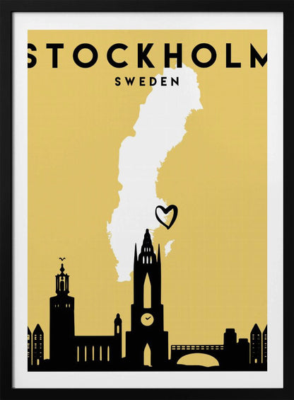 A minimalist travel poster for Stockholm, Sweden. It features a mustard yellow background with a black silhouette of the city's skyline at the bottom. A white outline of the map of Sweden is in the center, with a small black heart indicating Stockholm's location. The text 'STOCKHOLM SWEDEN' is at the top in black lettering. Decor