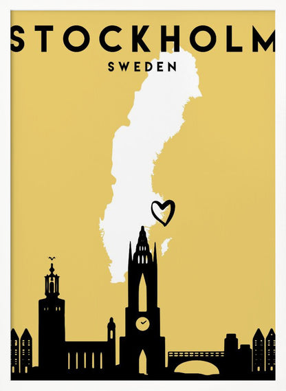 A minimalist travel poster for Stockholm, Sweden. It features a mustard yellow background with a black silhouette of the city's skyline at the bottom. A white outline of the map of Sweden is in the center, with a small black heart indicating Stockholm's location. The text 'STOCKHOLM SWEDEN' is at the top in black lettering. Decor