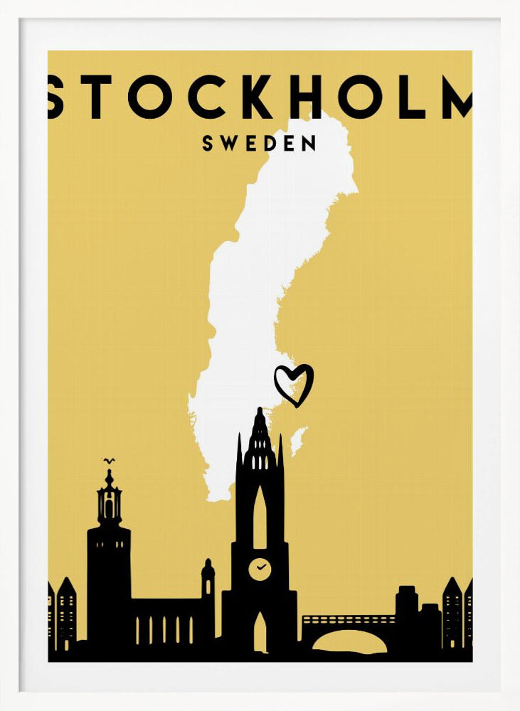A minimalist travel poster for Stockholm, Sweden. It features a mustard yellow background with a black silhouette of the city's skyline at the bottom. A white outline of the map of Sweden is in the center, with a small black heart indicating Stockholm's location. The text 'STOCKHOLM SWEDEN' is at the top in black lettering. Decor