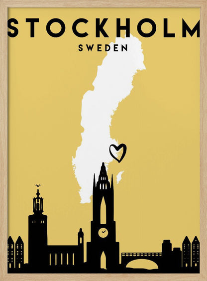 A minimalist travel poster for Stockholm, Sweden. It features a mustard yellow background with a black silhouette of the city's skyline at the bottom. A white outline of the map of Sweden is in the center, with a small black heart indicating Stockholm's location. The text 'STOCKHOLM SWEDEN' is at the top in black lettering. Decor