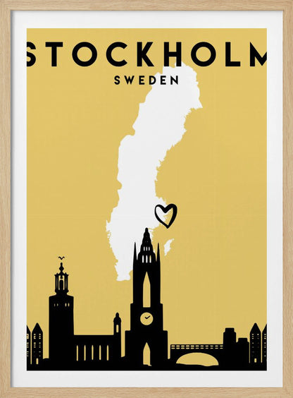 A minimalist travel poster for Stockholm, Sweden. It features a mustard yellow background with a black silhouette of the city's skyline at the bottom. A white outline of the map of Sweden is in the center, with a small black heart indicating Stockholm's location. The text 'STOCKHOLM SWEDEN' is at the top in black lettering. Decor