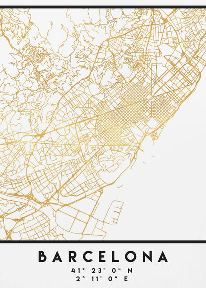 A modern, minimalist framed poster featuring a gold line map of Barcelona, Spain, on a clean white background. Below the map, the city's name 'BARCELONA' is printed in bold black text, with its geographic coordinates listed underneath. Decor
