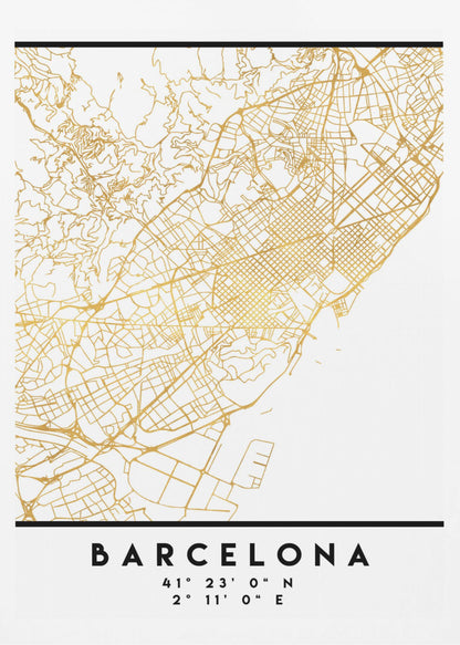 A modern, minimalist framed poster featuring a gold line map of Barcelona, Spain, on a clean white background. Below the map, the city's name 'BARCELONA' is printed in bold black text, with its geographic coordinates listed underneath. Decor