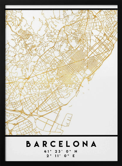 A modern, minimalist framed poster featuring a gold line map of Barcelona, Spain, on a clean white background. Below the map, the city's name 'BARCELONA' is printed in bold black text, with its geographic coordinates listed underneath. Decor