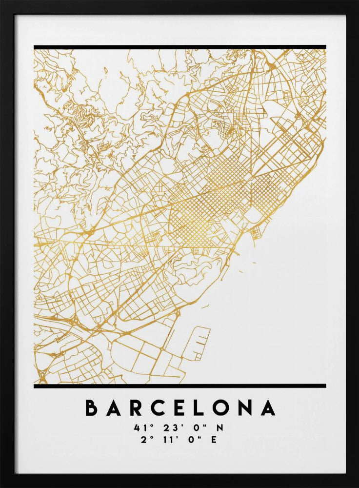 A modern, minimalist framed poster featuring a gold line map of Barcelona, Spain, on a clean white background. Below the map, the city's name 'BARCELONA' is printed in bold black text, with its geographic coordinates listed underneath. Decor