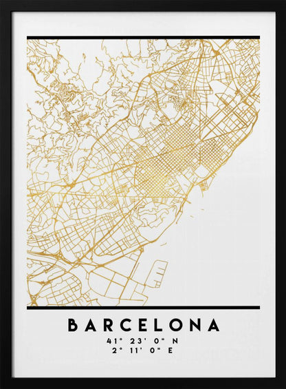 A modern, minimalist framed poster featuring a gold line map of Barcelona, Spain, on a clean white background. Below the map, the city's name 'BARCELONA' is printed in bold black text, with its geographic coordinates listed underneath. Decor