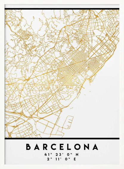 A modern, minimalist framed poster featuring a gold line map of Barcelona, Spain, on a clean white background. Below the map, the city's name 'BARCELONA' is printed in bold black text, with its geographic coordinates listed underneath. Decor