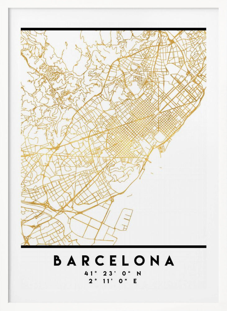 A modern, minimalist framed poster featuring a gold line map of Barcelona, Spain, on a clean white background. Below the map, the city's name 'BARCELONA' is printed in bold black text, with its geographic coordinates listed underneath. Decor