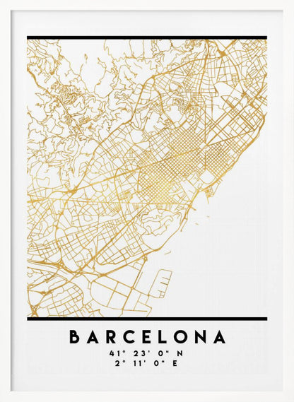 A modern, minimalist framed poster featuring a gold line map of Barcelona, Spain, on a clean white background. Below the map, the city's name 'BARCELONA' is printed in bold black text, with its geographic coordinates listed underneath. Decor
