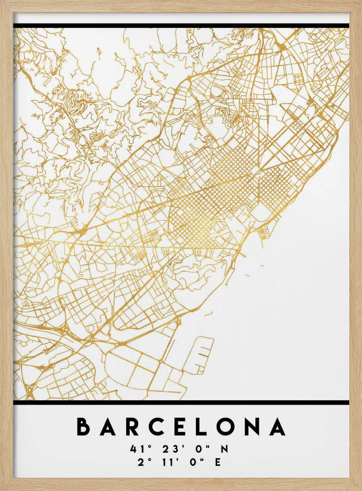 A modern, minimalist framed poster featuring a gold line map of Barcelona, Spain, on a clean white background. Below the map, the city's name 'BARCELONA' is printed in bold black text, with its geographic coordinates listed underneath. Decor