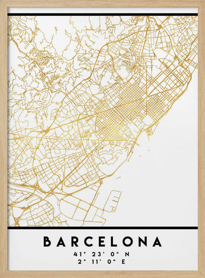 A modern, minimalist framed poster featuring a gold line map of Barcelona, Spain, on a clean white background. Below the map, the city's name 'BARCELONA' is printed in bold black text, with its geographic coordinates listed underneath. Decor