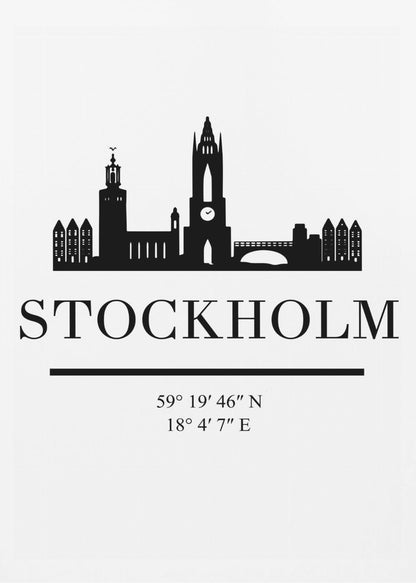 A minimalist black and white framed poster featuring a silhouette of the Stockholm skyline. Below the skyline, the word 'STOCKHOLM' is printed in large, bold letters, followed by its geographical coordinates. Wall Art