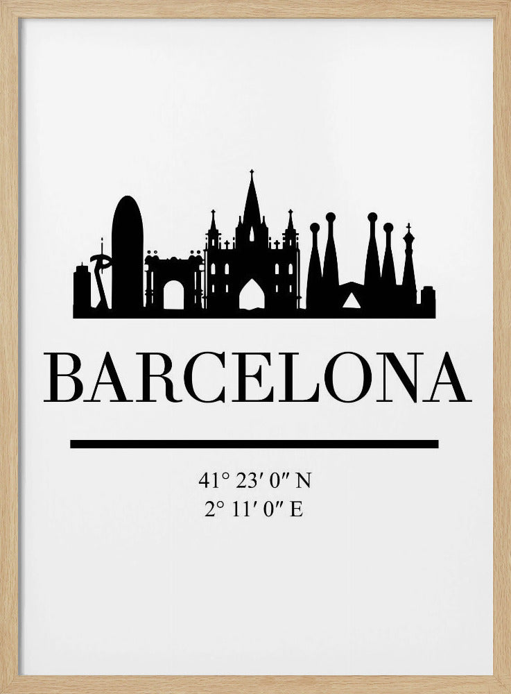 A minimalist black and white poster of Barcelona, Spain. It features a black silhouette of the city's skyline, including the Sagrada Familia, above the word 'BARCELONA' in a large serif font. Below the city name are its geographical coordinates, all set against a clean white background and framed in black. Print