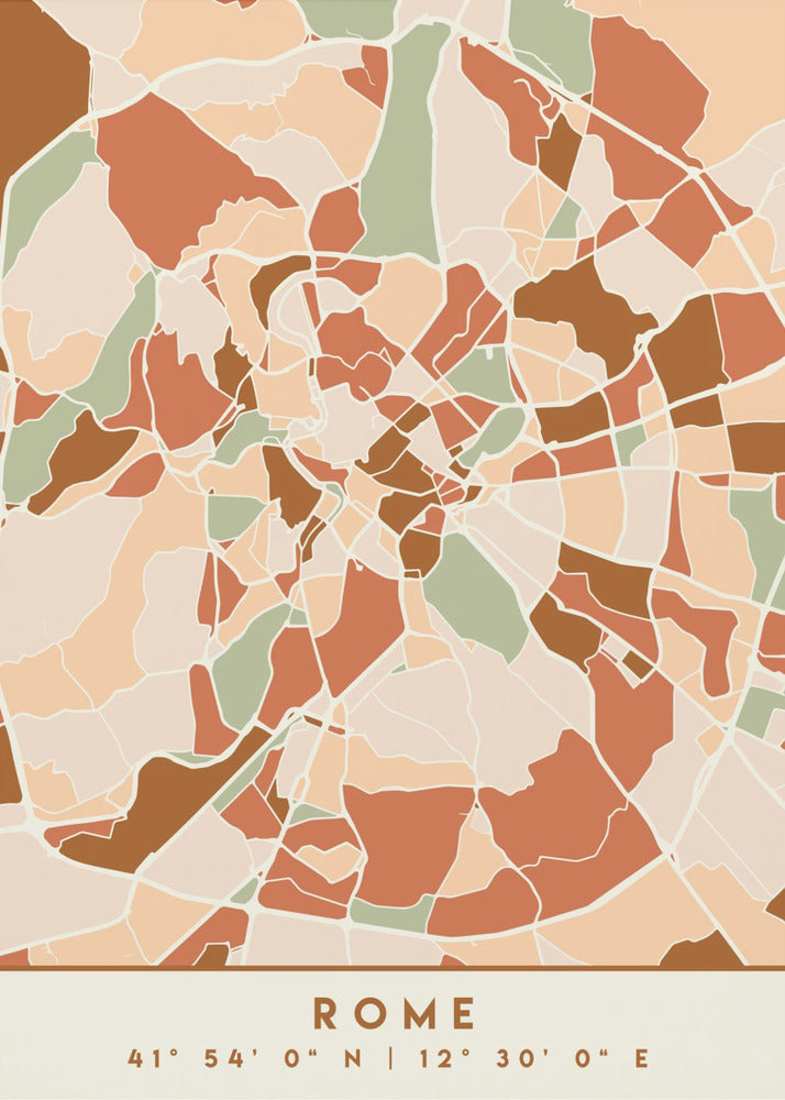 A framed, stylized map of Rome featuring an abstract mosaic of city blocks in earthy tones of terracotta, brown, sage green, and beige. At the bottom, centered, is the text 'ROME' and its coordinates '41° 54' 0" N | 12° 30' 0" E'. Decor