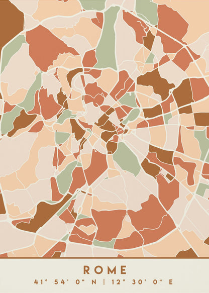 A framed, stylized map of Rome featuring an abstract mosaic of city blocks in earthy tones of terracotta, brown, sage green, and beige. At the bottom, centered, is the text 'ROME' and its coordinates '41° 54' 0" N | 12° 30' 0" E'. Decor