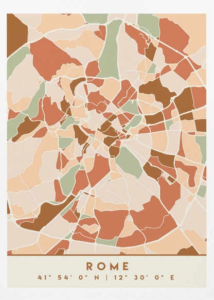 A framed, stylized map of Rome featuring an abstract mosaic of city blocks in earthy tones of terracotta, brown, sage green, and beige. At the bottom, centered, is the text 'ROME' and its coordinates '41° 54' 0" N | 12° 30' 0" E'. Decor