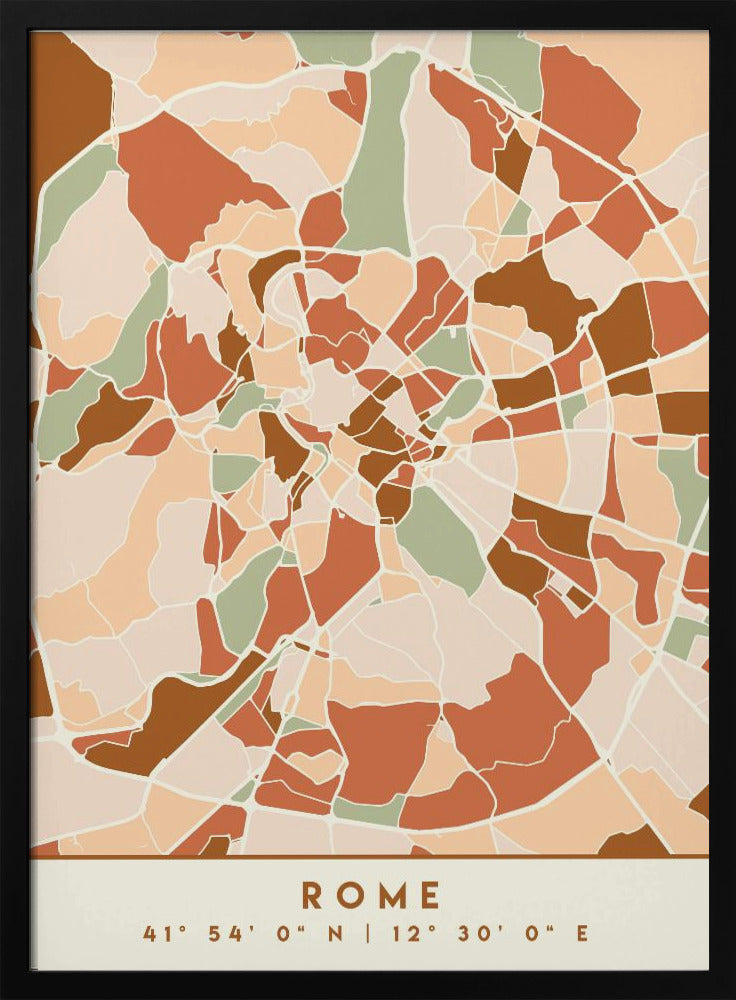 A framed, stylized map of Rome featuring an abstract mosaic of city blocks in earthy tones of terracotta, brown, sage green, and beige. At the bottom, centered, is the text 'ROME' and its coordinates '41° 54' 0" N | 12° 30' 0" E'. Decor